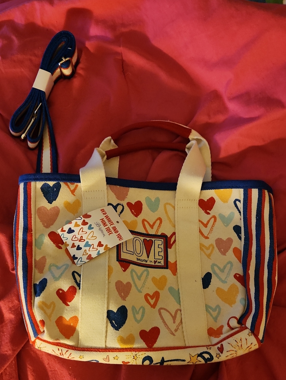 Brighton Love Canvas Tote with Multicolor Heart Print and Blue Trim